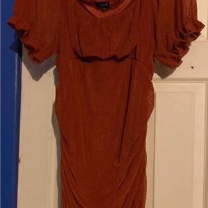 Orange Ruched Bodycon Midi Dress with Puff Sleeves